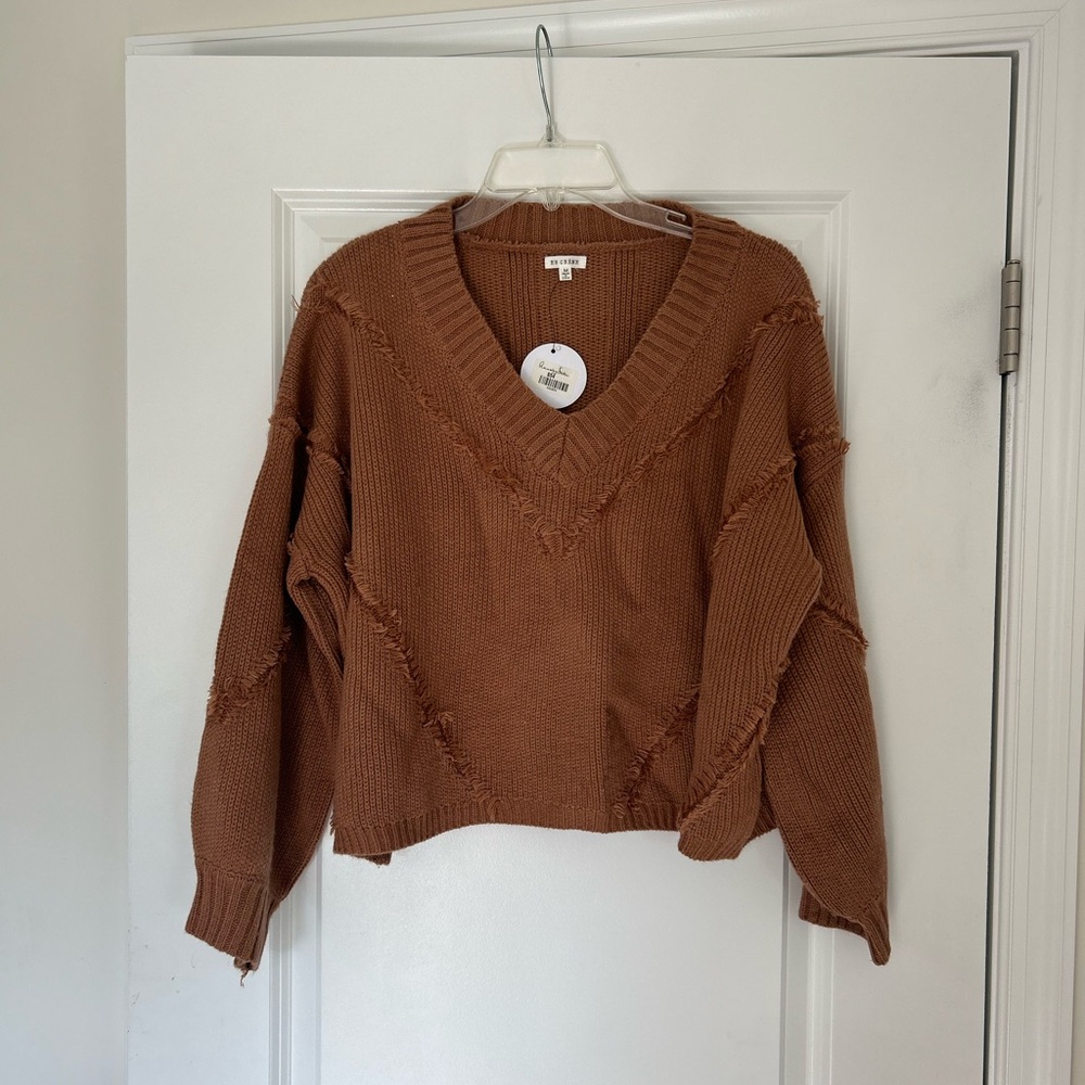 En Creme Brown V-Neck Sweater with Relaxed Fit